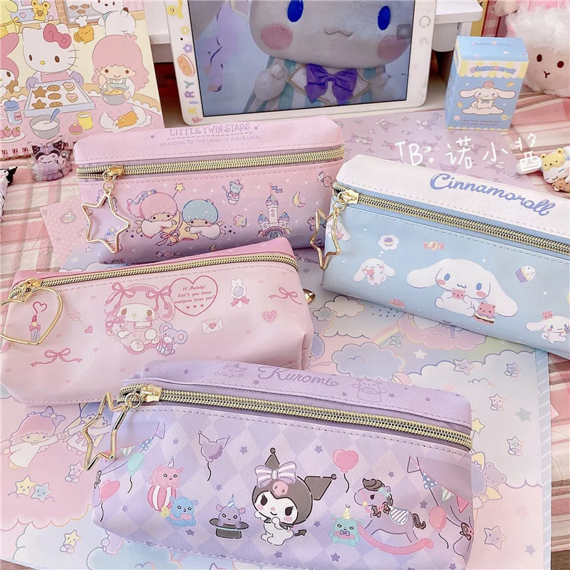 Sanrio Kawaii Double Zip Lápis Bag, Kuromi Melody Cinnamoroll, Papelaria para Estudantes da Escola, Saco De Armazenamento para Meninas, Presente