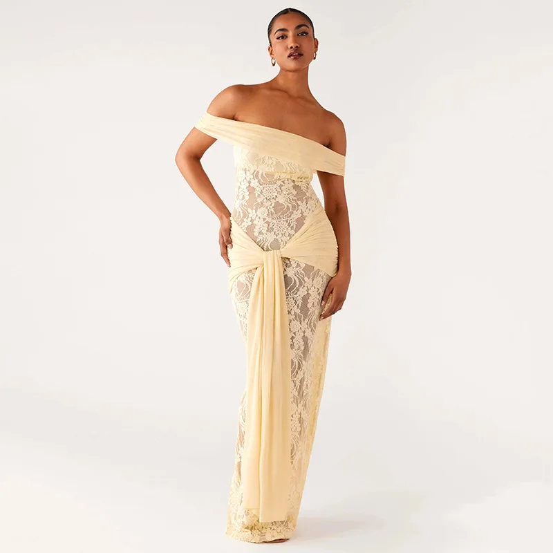 Sukienka maxi z koronką, sznurowana, z siateczki, patchworkowa, damska, elegancka, seksowna, z dekoltem typu slash neck, odkryte ramiona, bez pleców, obcisła, na imprezę klubową, długa szata.