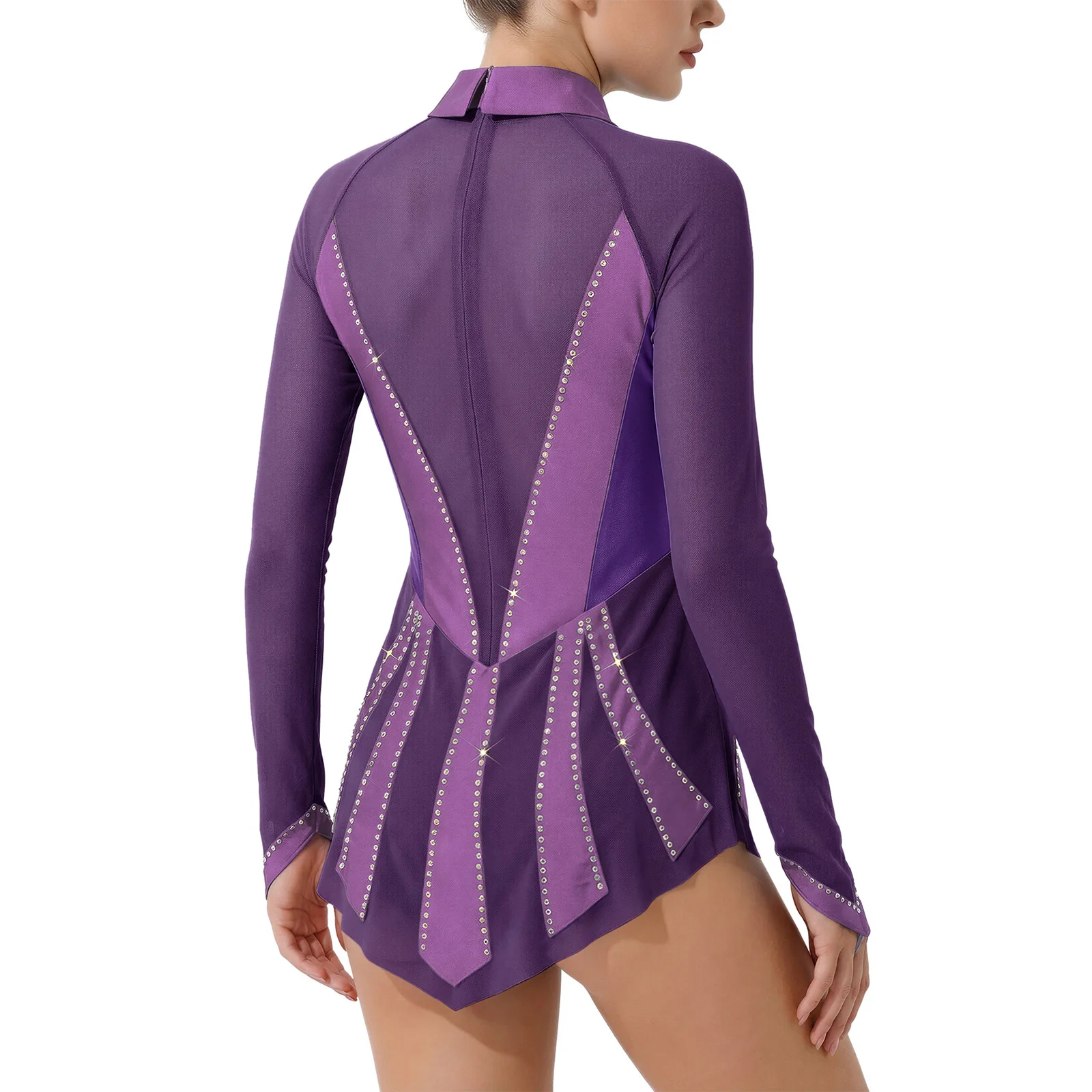 Damen-Ballett-Trikots mit glitzernden Strasssteinen und Rüschen, lyrisches Tanz-Performance-Kostüm, Gymnastik-Trikots, Eiskunstlauf-Body