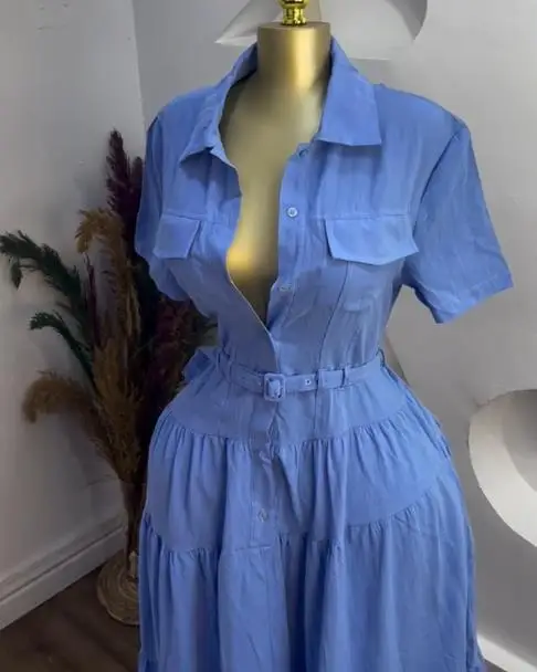 Damesjurken 2023 Zomer Nieuwe Mode Turn-Down Kraag Korte Mouwen Gesp Tailleband Casual A-lijn Shirt Lange Jurk