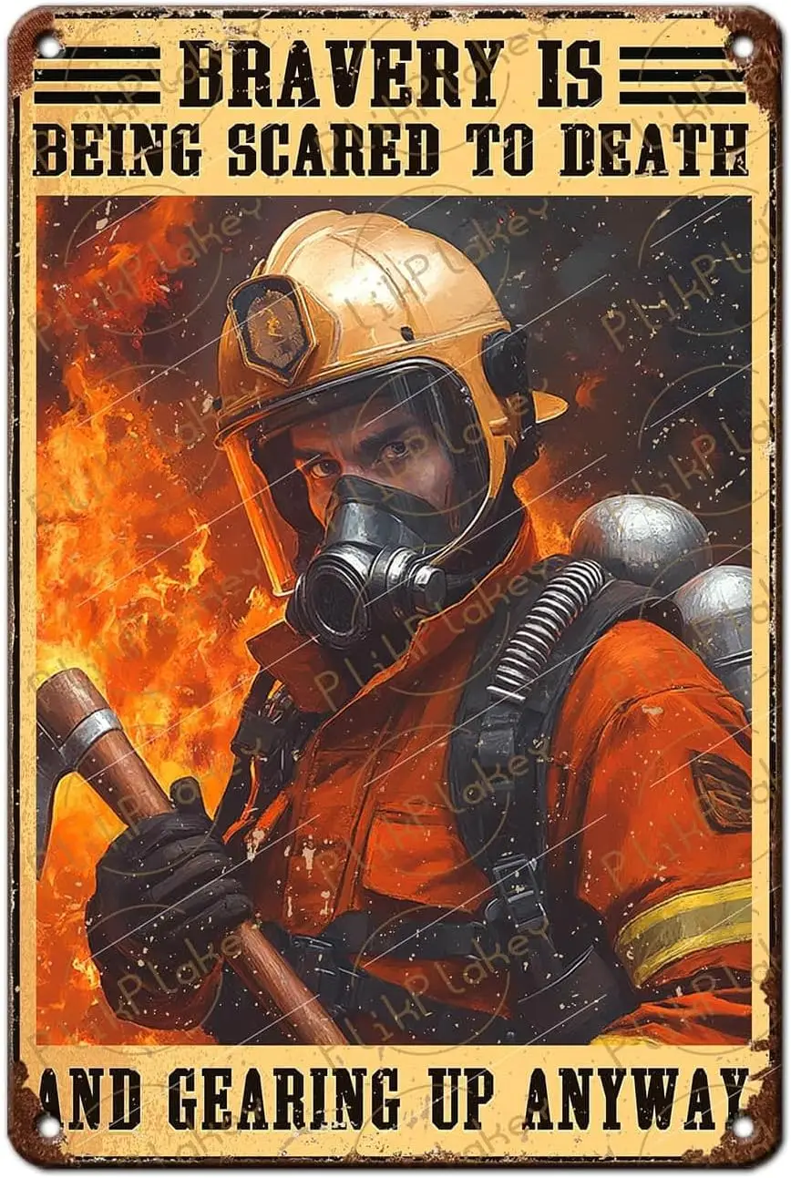 Vintage Firefighter Metal Sign Firefighter Bravery Is Being Scared To Death And Gearing Up Anyway Metal Poster Home Kitchen Gara
