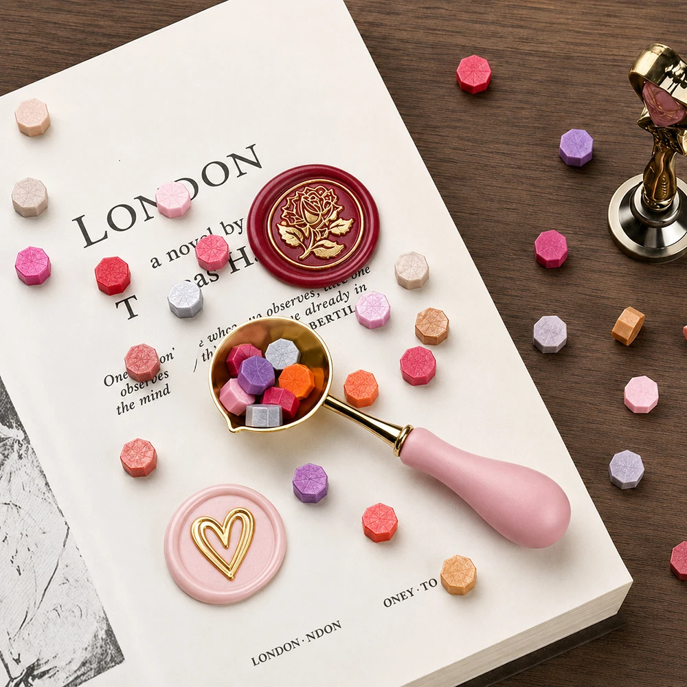 Wax Seal Stamp Kit Vintage Sealing Wax Beads Wooden Handle Spoon Candles Envelopes DIY Wedding