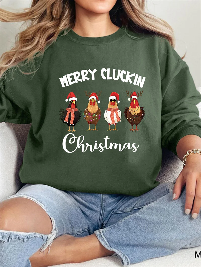 New cotton women's winter merry cluckin christmas Christmas Farm print letter casual vintage crew-neck fleece hoodie