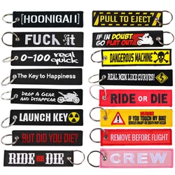 DIY Keychain para motocicletas, Tag chave carros, Bordado Yelloew Perigo Lembrar, Corrente Chaveiro, 3pcs