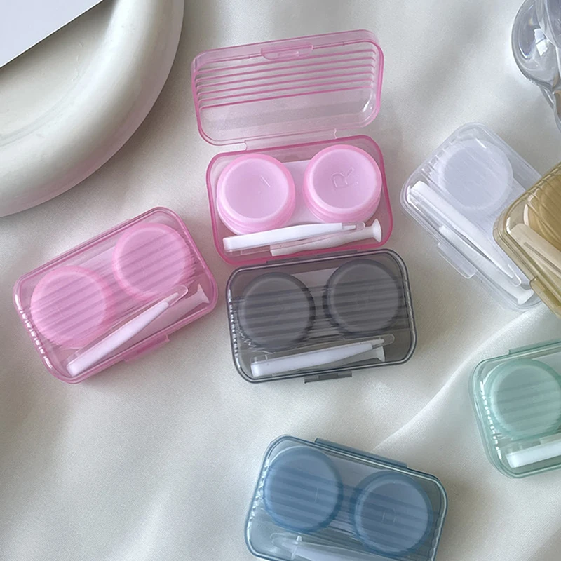 Clear Candy Color Contact Lens Case With Tweezer Wearing Stick Set Plastic Portable Contact Lenses Container Box Beauty Tool