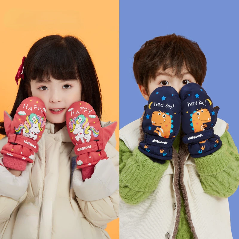 Winter Kids Print Cartoon Dinosaur Plus Velvet Thick Ski Gloves Children Windproof Waterproof Non-slip Long-sleeved Mittens