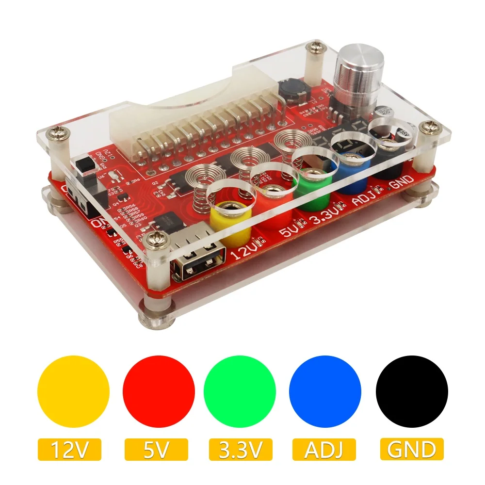 ATX Power Supply Breakout Board and Acrylic Case Kit with ADJ Adjustable Voltage Knob