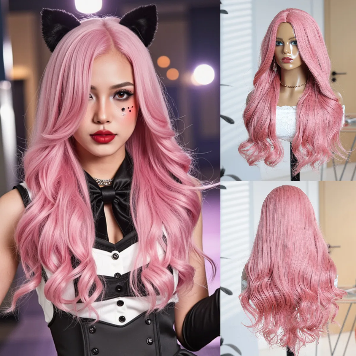 

24 inch pink chemical fiber long curly hair big wave natural fluffy rose mesh hat wig anime cosplay