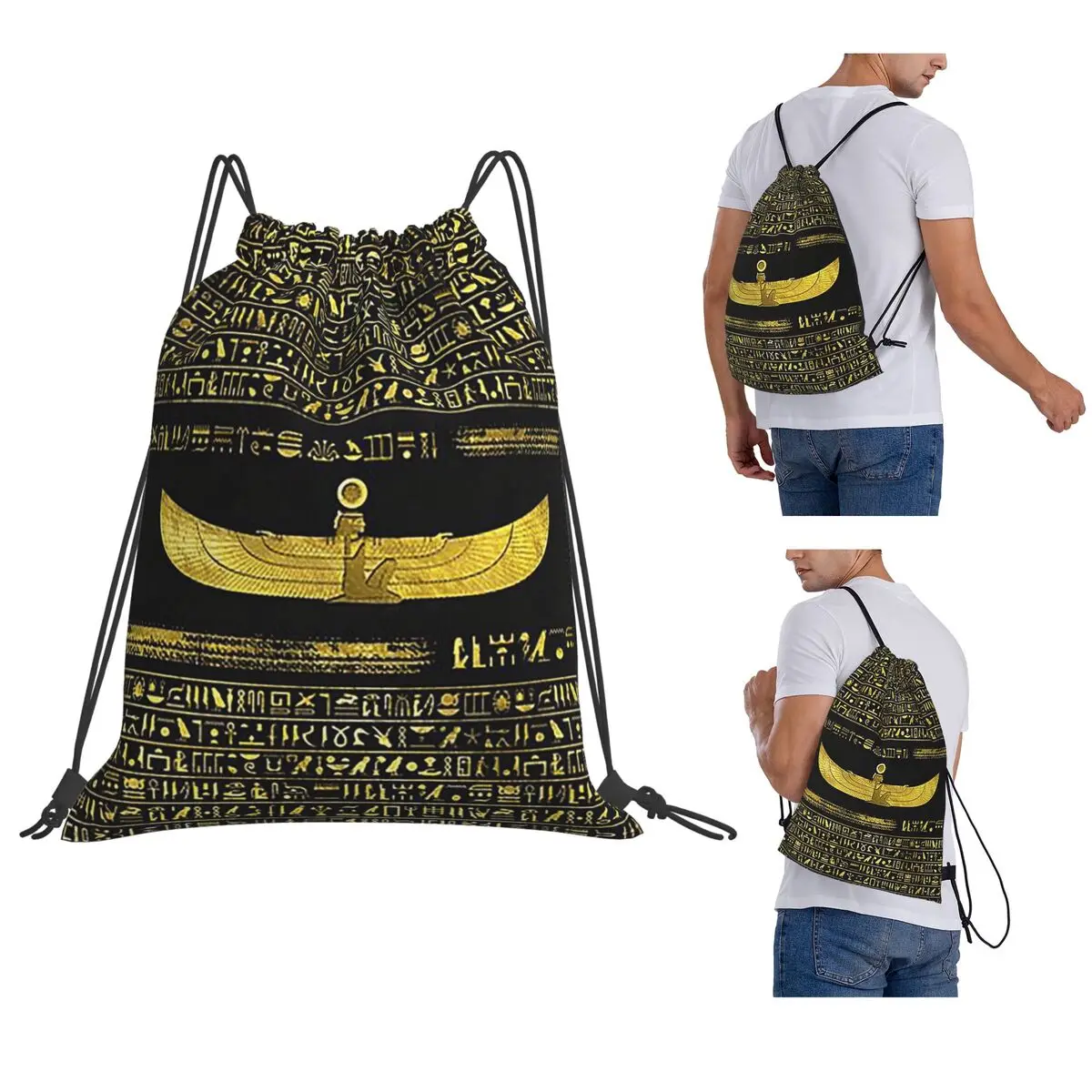 Golden Egyptian God Ornament On Black Leather Backpacks Casual Drawstring Bundle Pocket Sports Bag Book Bags for Travel School