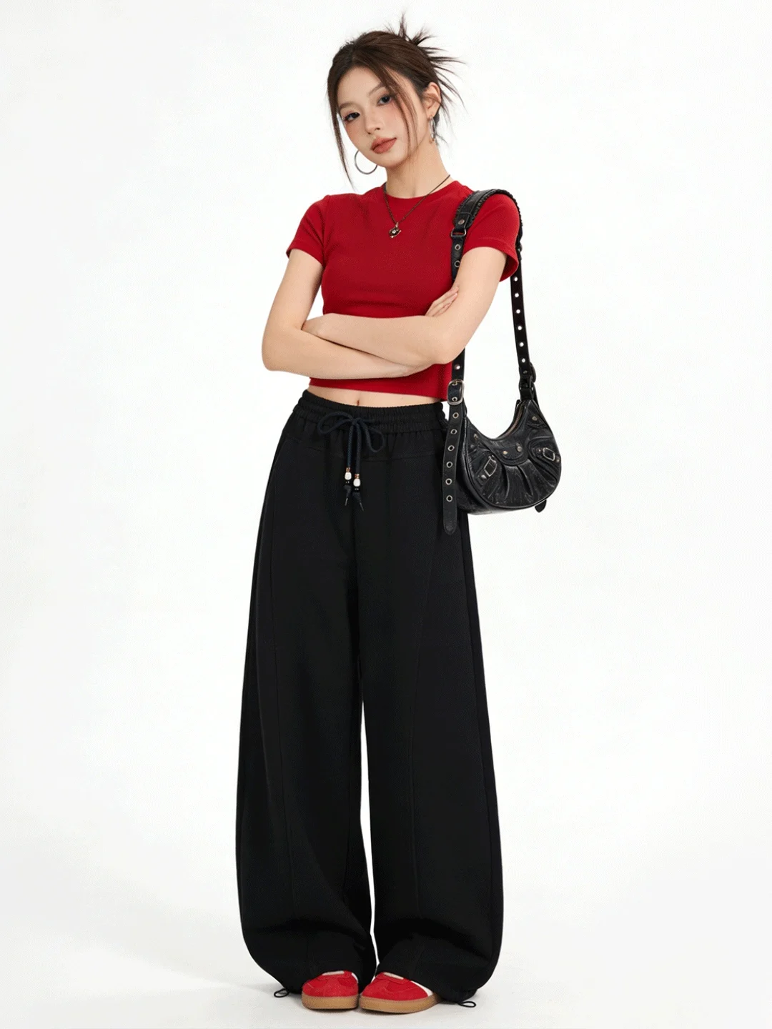 

American Retro Loose Leggings High Waist Breathable Casual Sweatpants Wide Leg Cuffed Pants Lazy Slimming Drapey Versatile