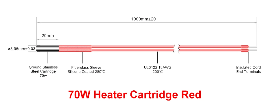 Trianglelab 24V 70W Heizpatrone Rot 6x20mm Mit 100CM Kabel 3D-Drucker für V6 HOTEND Volcano MK8 MK9 CR-10 Ender 3 – Detail 16