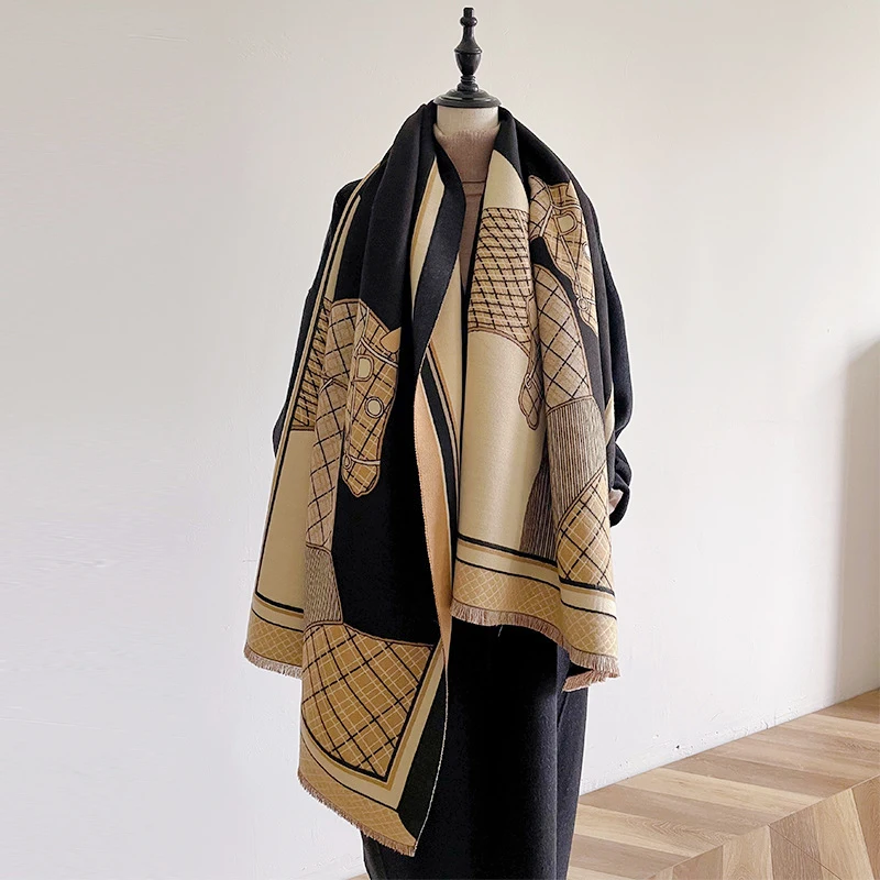 

Light Luxury Horse Patterns Imitate Cashmere Scarf Shawl Long Soft Warm Neckerchief Autumn Winter Women Steed Stole Good
