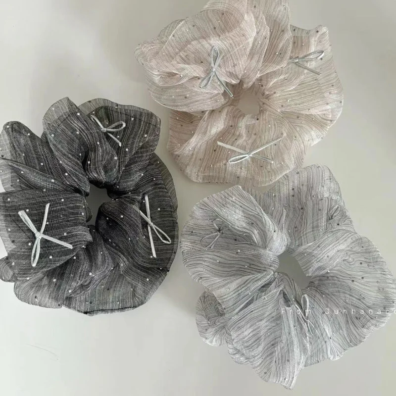 2024 Fashion Striped Bow Organza Scrunchie Headwear for Women Korean Transparent Gauze Silver Dot Hair Ties Hair Accessories