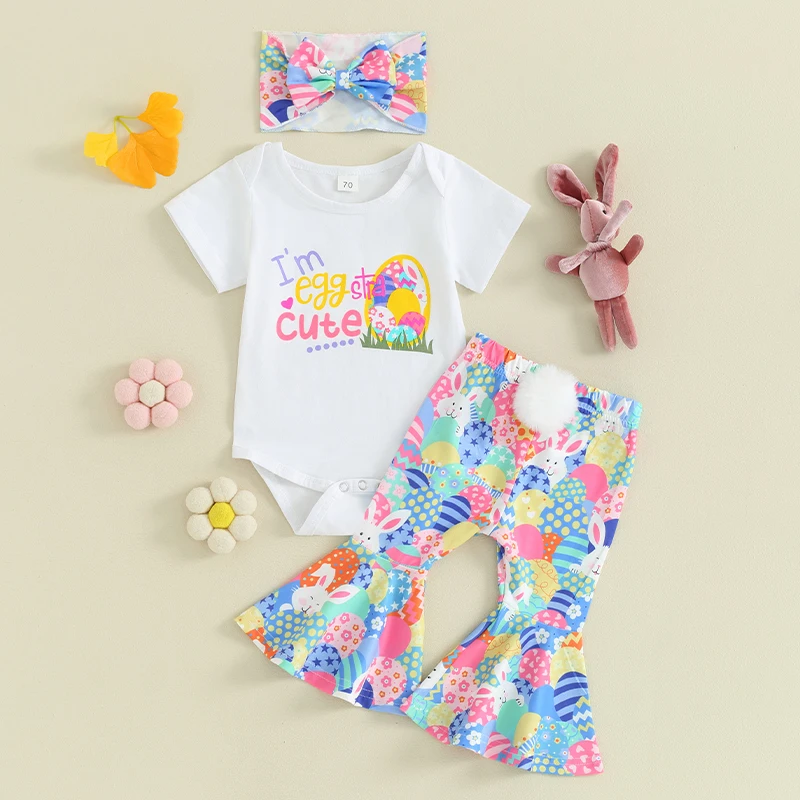 2023-12-30 Lioraitiin Baby Girl Easter Outfit Letter Bunny Print Short Sleeve Romper Flared Pants Bell Bottoms Headband Clothes