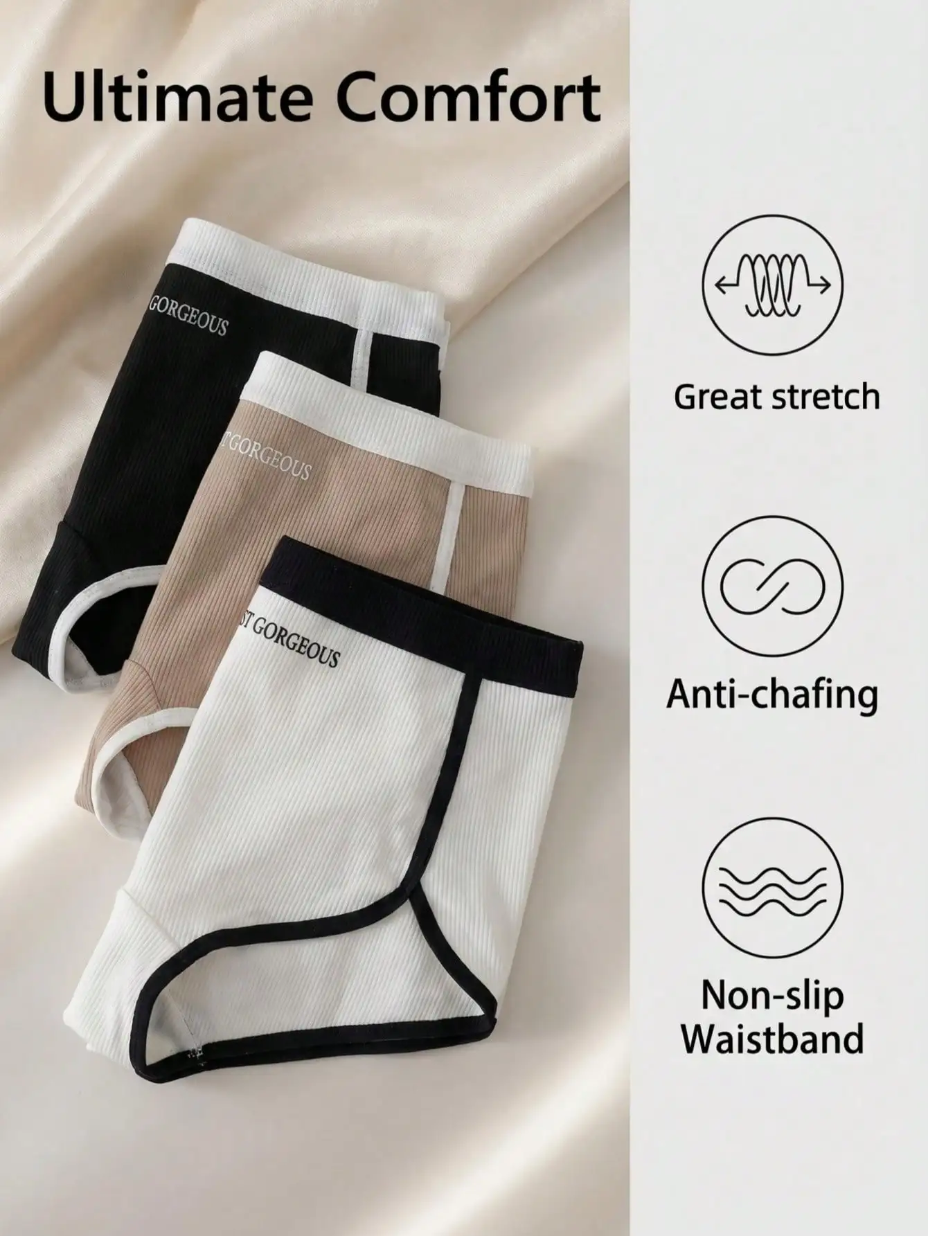 7PCS Plus Size Women Cotton Boyshort Underwear, Contrast Trim Letter Mid Waist Soft Ribbed Solid Basic Daily Panties Multi Color