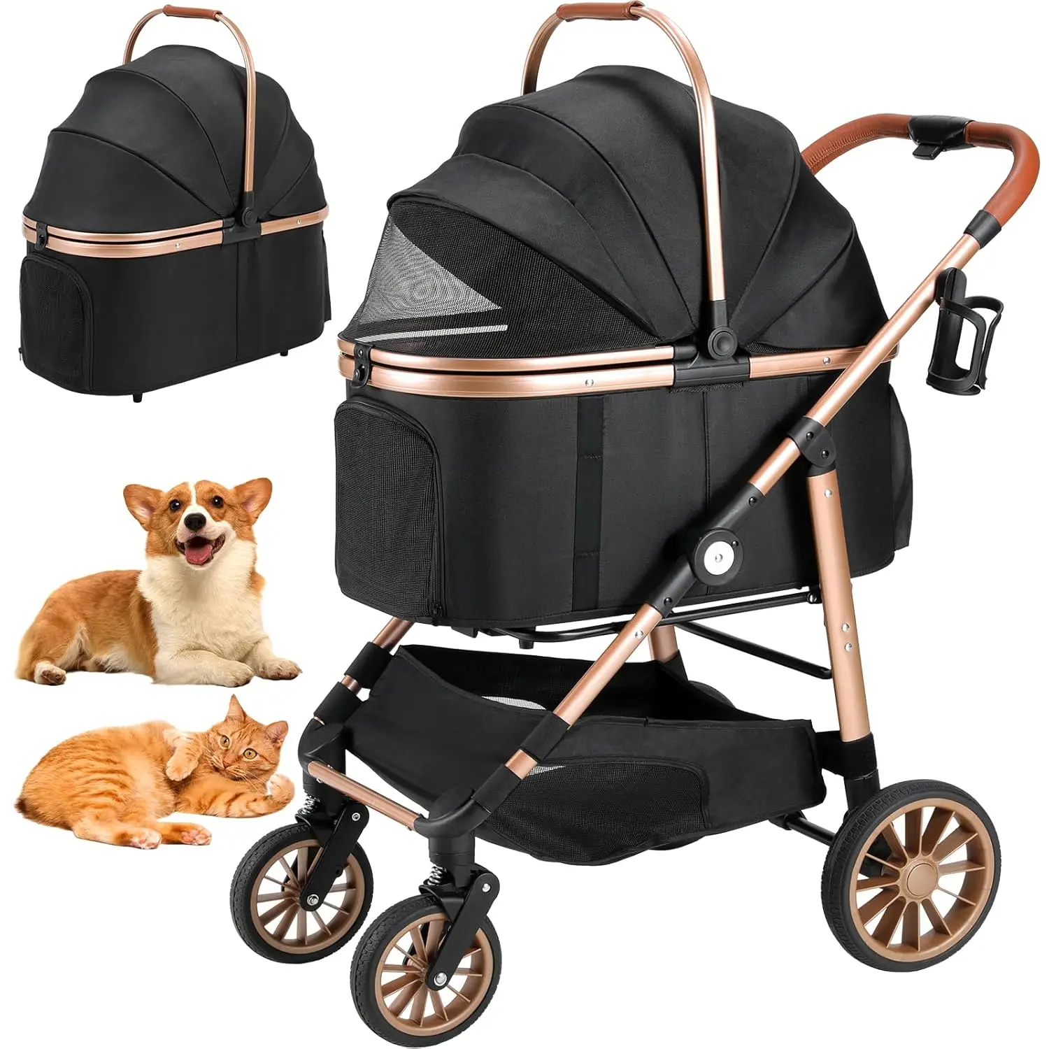 

Foldable 4 Wheels Pet Stroller for Small/Medium Dogs Cats up to 55lbs, 3-in-1 Dog Stroller, Detachable Carrier and One-Click