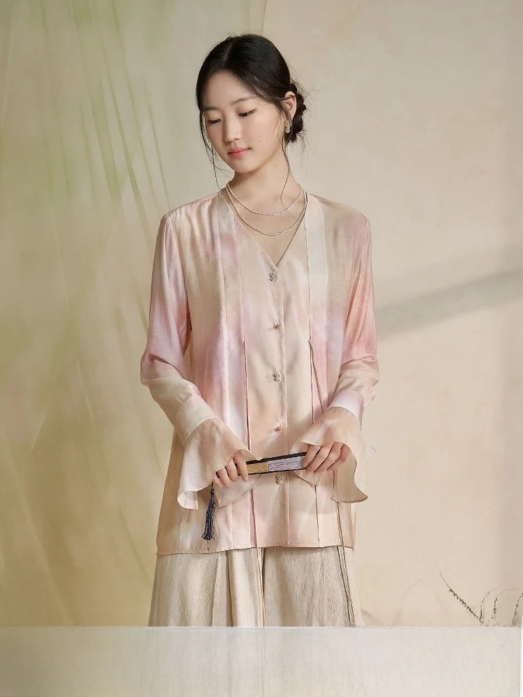 

Original Design Long Sve Women's irt adient Color Loose Fit V-Ne Button up Summer Faion Chinese Sle