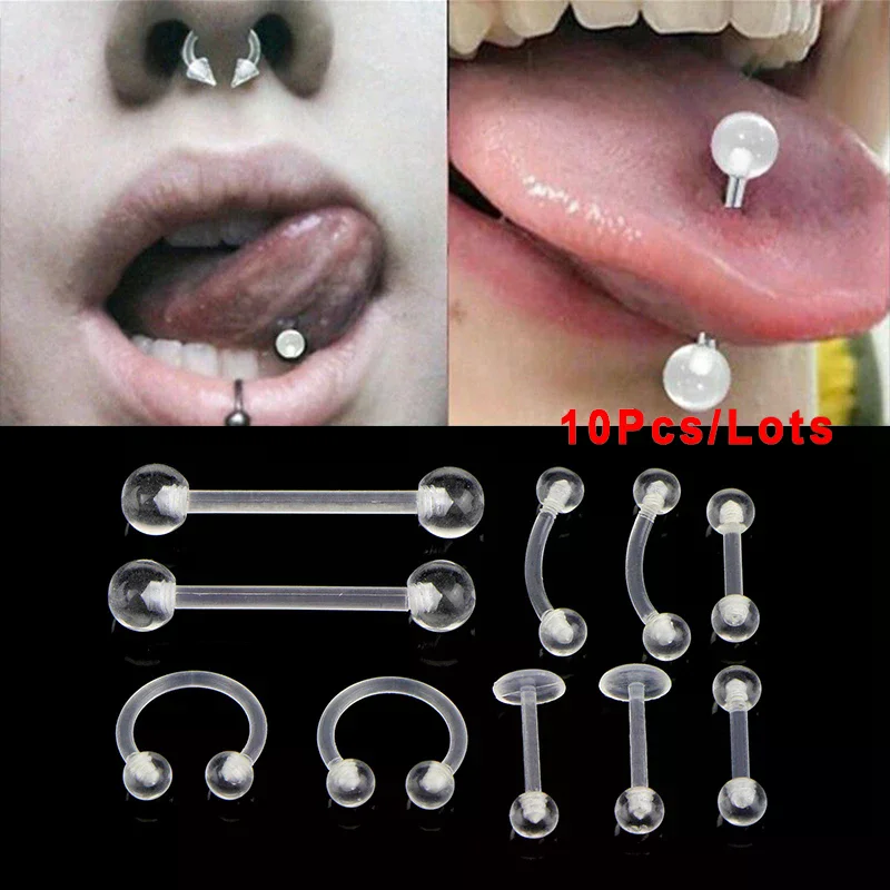 10pcs/set Transparent Acrylic Barbell Eyebrow Belly Tongue Ring Piercing Jewelry High Quality