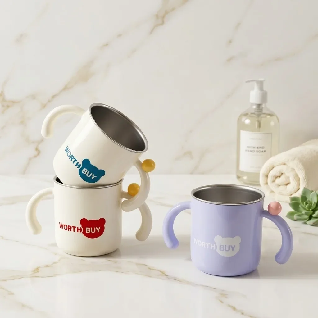 Bathroom Tumbler Toothbrush Holder Gargle Cup Cute 316 Stainless Steel Plastic Mug Anti-Scald Handle Dishwasher Safe Cup
