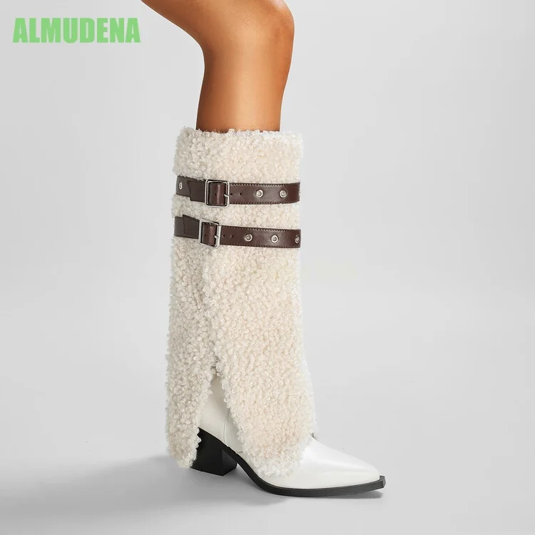 Women Fleece Covered Knee High Boots Pointed Toe Chunky Block Heel Double Brown Buckle Belts Split Front Warm Winter Long Boots