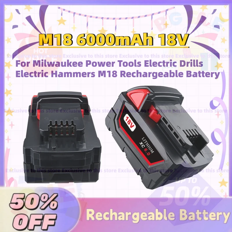 

Fast Shipping M18 6000mAh 18V Li-Ion Battery for Milwaukee Power Tools Electric Drills Electric Hammers M18 Rechargeable Battery