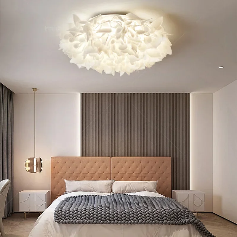 Flor branca romântica luzes de teto LED, controle remoto, escurecimento Home Decor, PVC Hanglamp, quarto, restaurante, sala de estar lâmpada