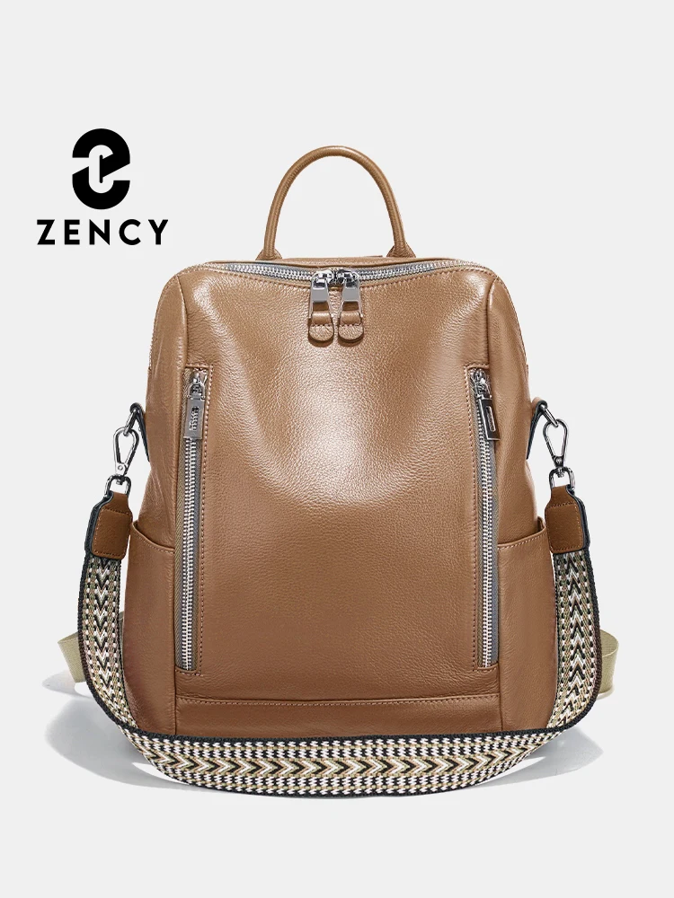 Zency Fashion Dark Blue Brown Winter Genuine Leather Backpack Knapsack Multi-pocket Design Simple Shoulder Bag Trendy Satchels