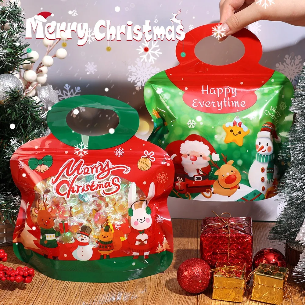 5/10pcs Cartoon Christmas Ziplock Bag  for Candy,Snacks, Resealable Christmas Bag,Delicate Sealed Gift Packaging Bag With Handle