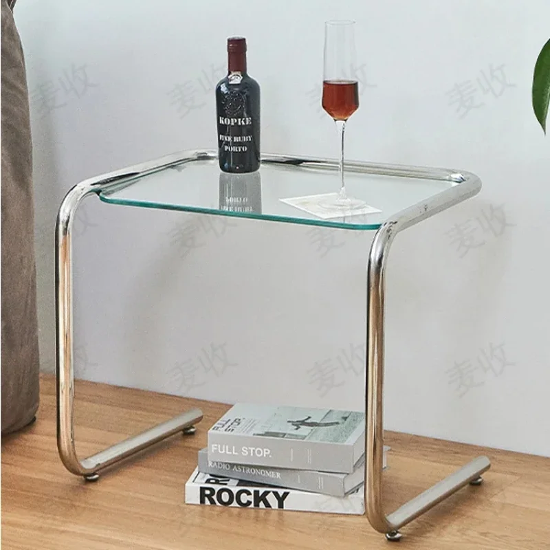 Crystal Glass Side Table with Stainless Steel Frame Modern Coffee Table for Home or Photography Base Transparent Design