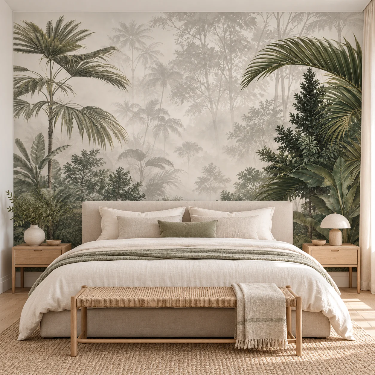 Tropical Wall Mural Palm Trees Misty Green Jungle Neutral Botanical Wallpaper Non Self Adhesive Living Room Bedroom Nature Decor