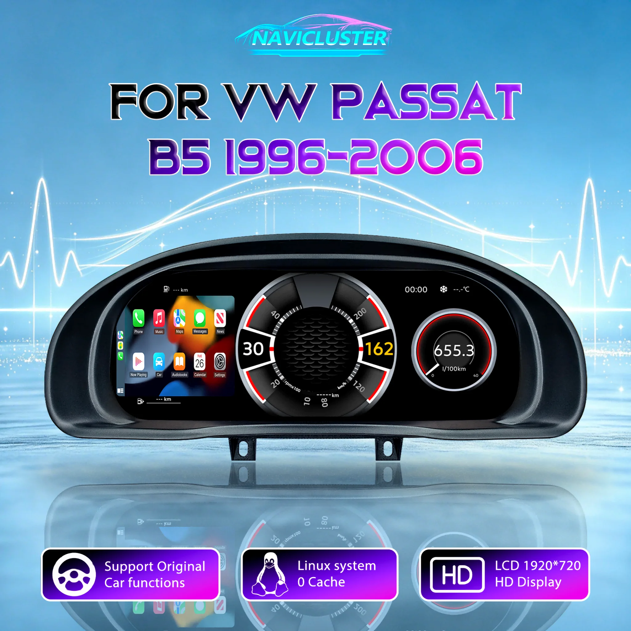 Schermo HD 1920*720, tachimetro, cruscotto digitale LCD Linux per VW Passat B5 Superb MK1, modelli 1996-2000 e 2001-2006, quadro strumenti, pannello di controllo, abitacolo.