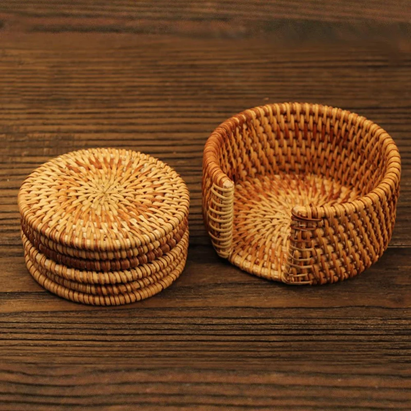 6Pcs Coaster Natural Material Fashion Saucer Set Rattan Coaster Insulation Pad Fashion Superposition Storage Traditional Crafts