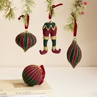 Juego de Adornos Navideños de Peluche Vintage, Decoraciones Hechas a Mano para Árbol en Rojo y Verde, Colgantes Festivos