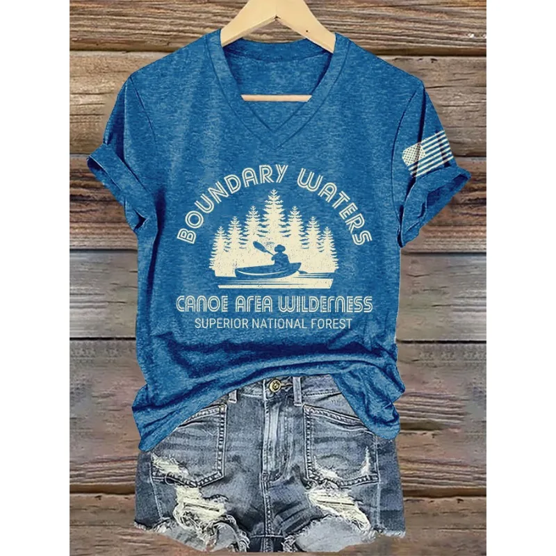 ilstile Women's Short  Retro Save The Boundary Waters BWCAW Print Summer T-Shirts Summer Casual V Neck Black White Blue Tops