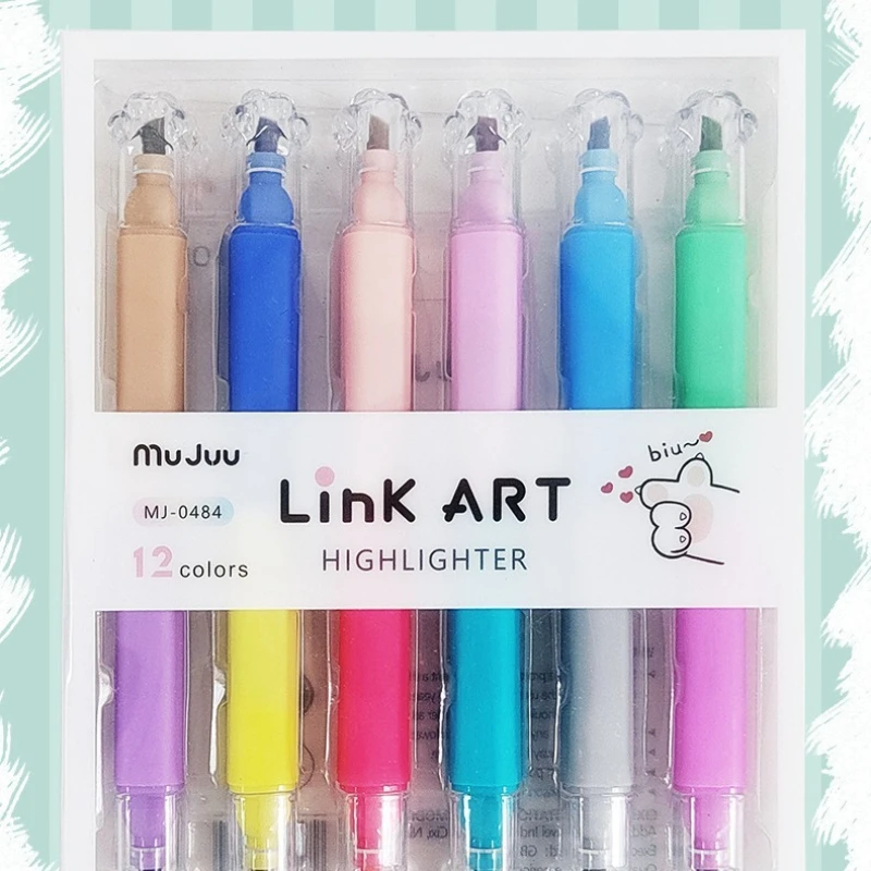 Kawai لونين هيغليغتر طالب مفتاح قلم تحديد عالية القيمة القط خدش حساب تلوين شفرة قلم 12 لون مجموعة هدية جميلة