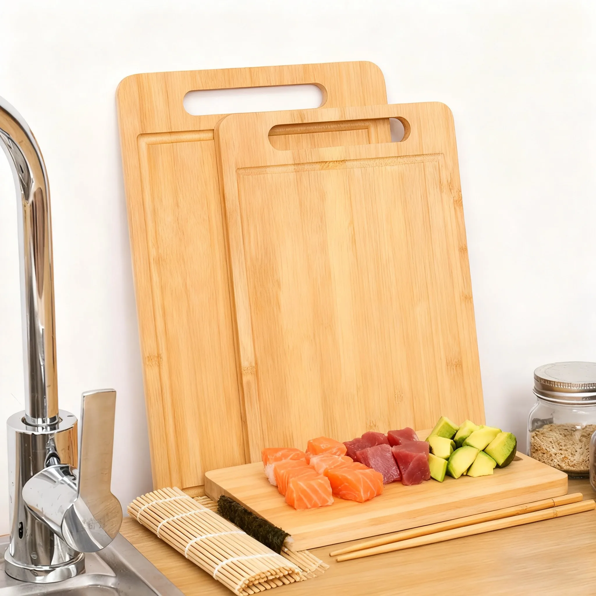 3pcs/set Bamboo Cutting Board Non-Toxic Durable Kitchen Wood Chopping Block Single-Sided Deep Juice Groove Wide Handle Ideal