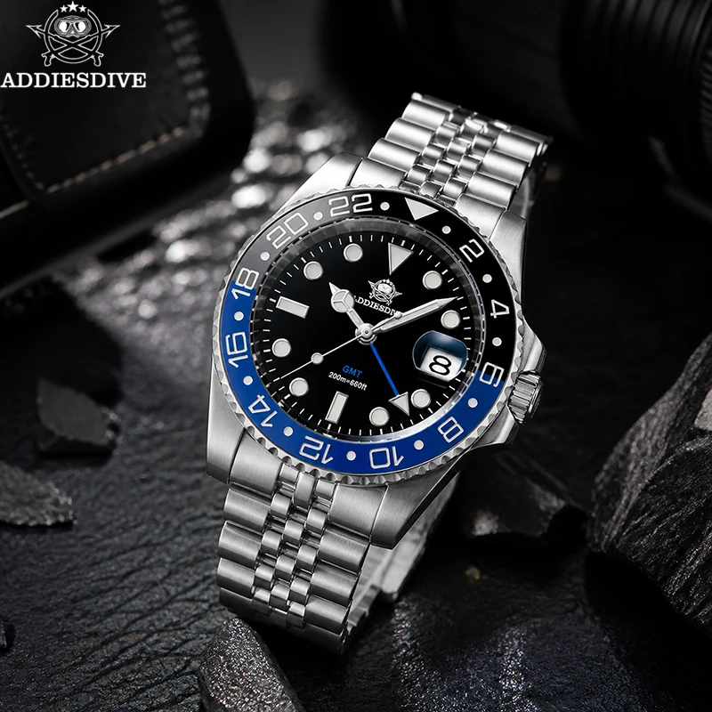 

ADDIESDIVE Men's Quartz Watch Dual Time Zone GMT Waterproof 200M Wristwatch Ceramic Bezel Stainless Steel Super Luminous Watches