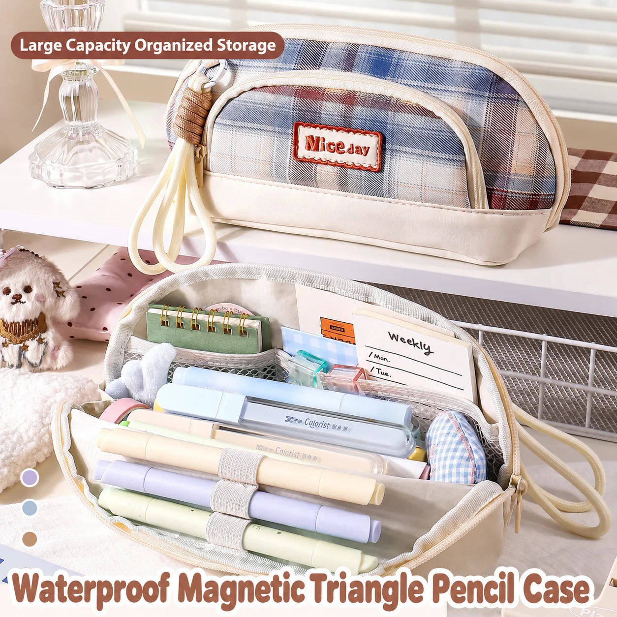 Large Capacity Plaid Pencil Case with Magnetic Closure Multi-Compartment Waterproof Pen Bag Korean Style Stationery Organizer wi