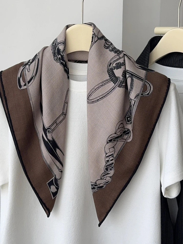 高級グレーブラウンウールスカーフ-クラシックチェーンデザイン-レディーススカーフ-オールシーズン対応の多用途ファッションアクセサリー-韓国スタイル