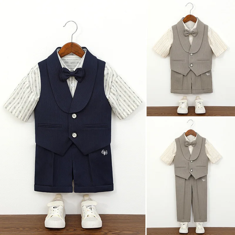 Toddler Boys Summer Formal Suit Set Kids Gentleman Outfit for Wedding Ring Bearer Birthday Party Short Sleeve Shirt Vest Shorts