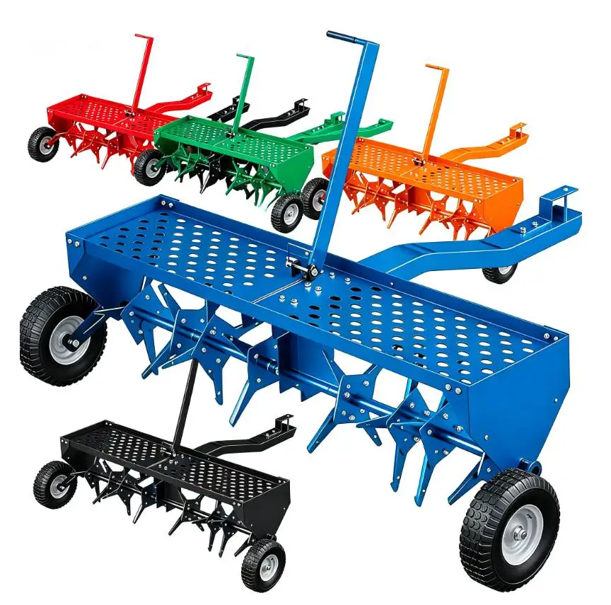 48-Inch Tow Behind Plug Aerator, Pull Behind Lawn Aerator with Durable Steel Tines, Weight Tray & Pneumatic Tires, Tow Behind Spike Aerator for Lawn Care, Farm, Planting & Large Yard