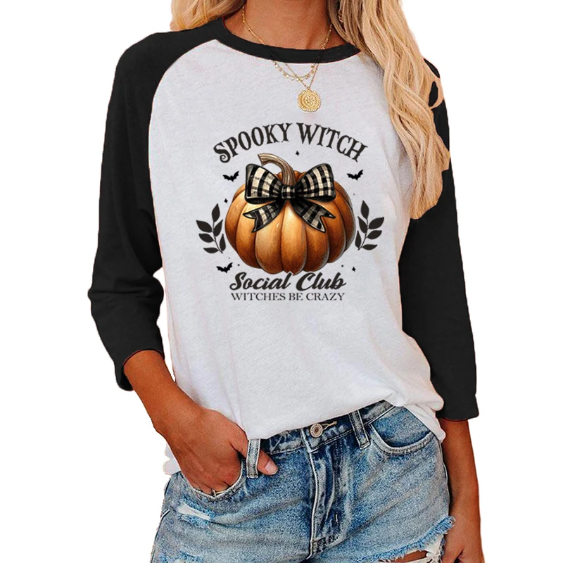 Happy Halloween Print Three Quarter Sleeve T-shirt For Women Raglan Tshirt Casual Crew Neck Blouse Tops Halloween Ghost T-shirts