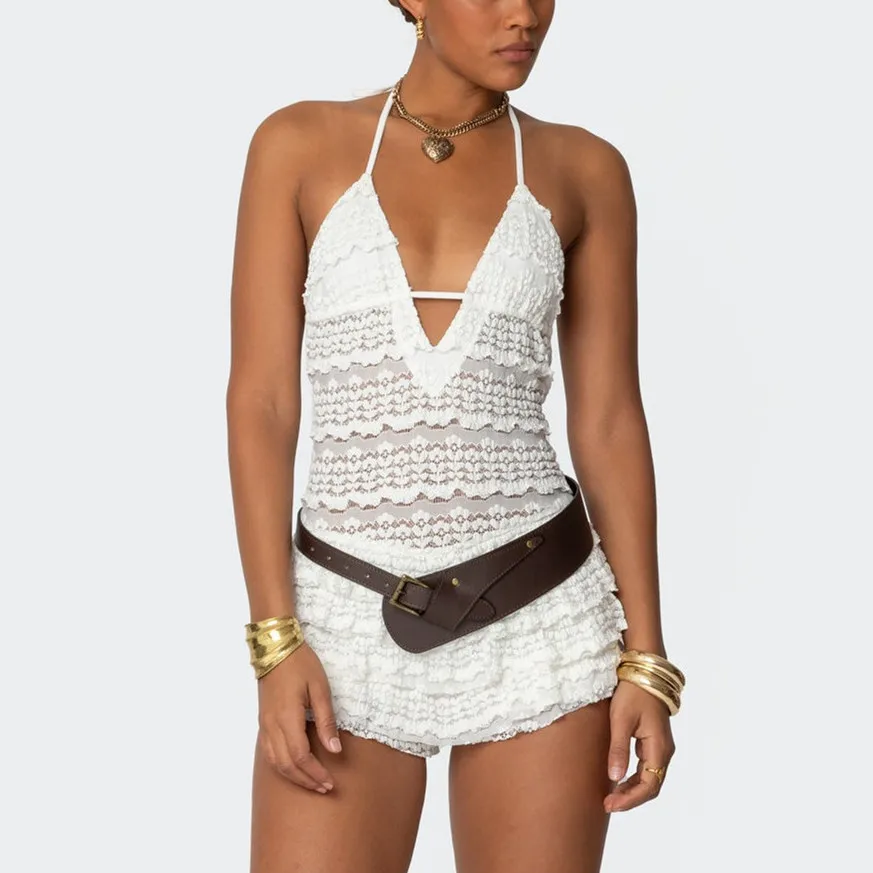 

hirigin Women Ruffled Sheer Lace Playsuit Romper Y2K Deep V Neck Sleeveless Halter Jumpsuits Backless Layered Short Dress