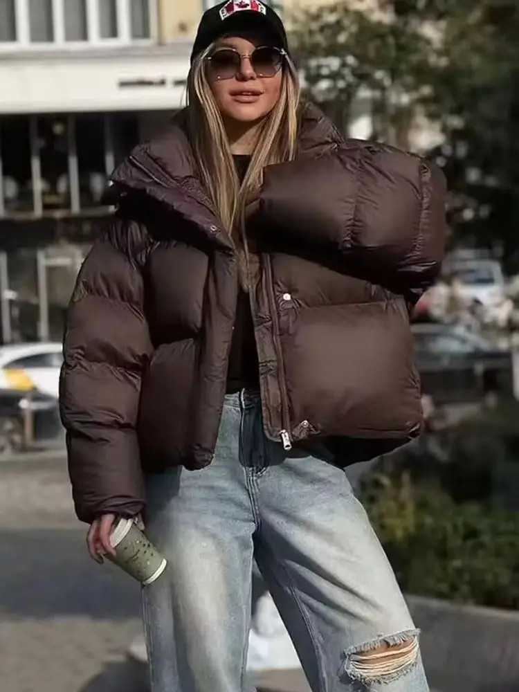 HH hiver femmes épais à capuche à manches longues coton rembourré veste col montant femme élégant bouton fermeture éclair Streetwear solide veste