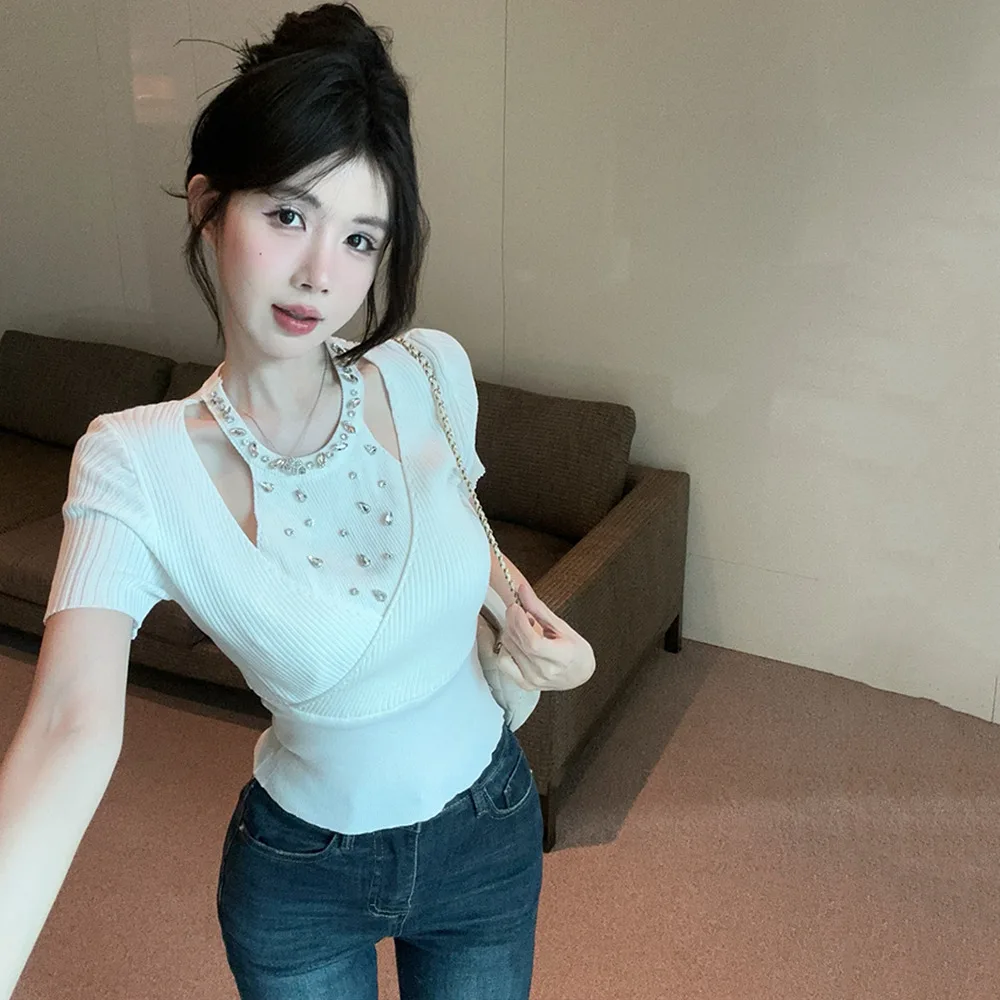 French Heavy Industry Diamond Fake Two Piece Halter Knitted Shirt Women Clothing New Sweet Slim T-shirt 2025 Pullover Women Top