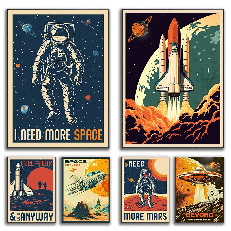 Vintage Space Explore Galaxy Astronaut Spaceship Posters and Prints Canvas Printing Wall Art Picture for Living Room Home Decor