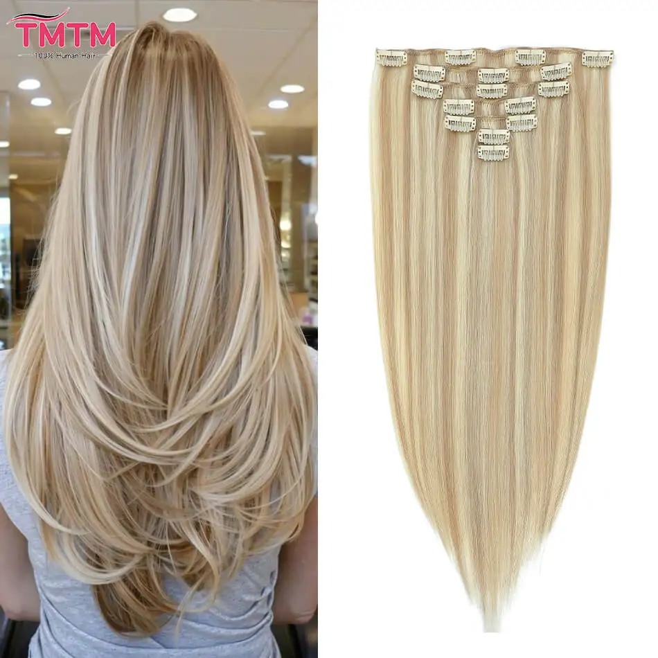 7 Pcs Full Head Clip Ins Hair Extension Human Hair Highlight #P18/60 Clip On Brazilian Straight Human Hair Extensions For Women