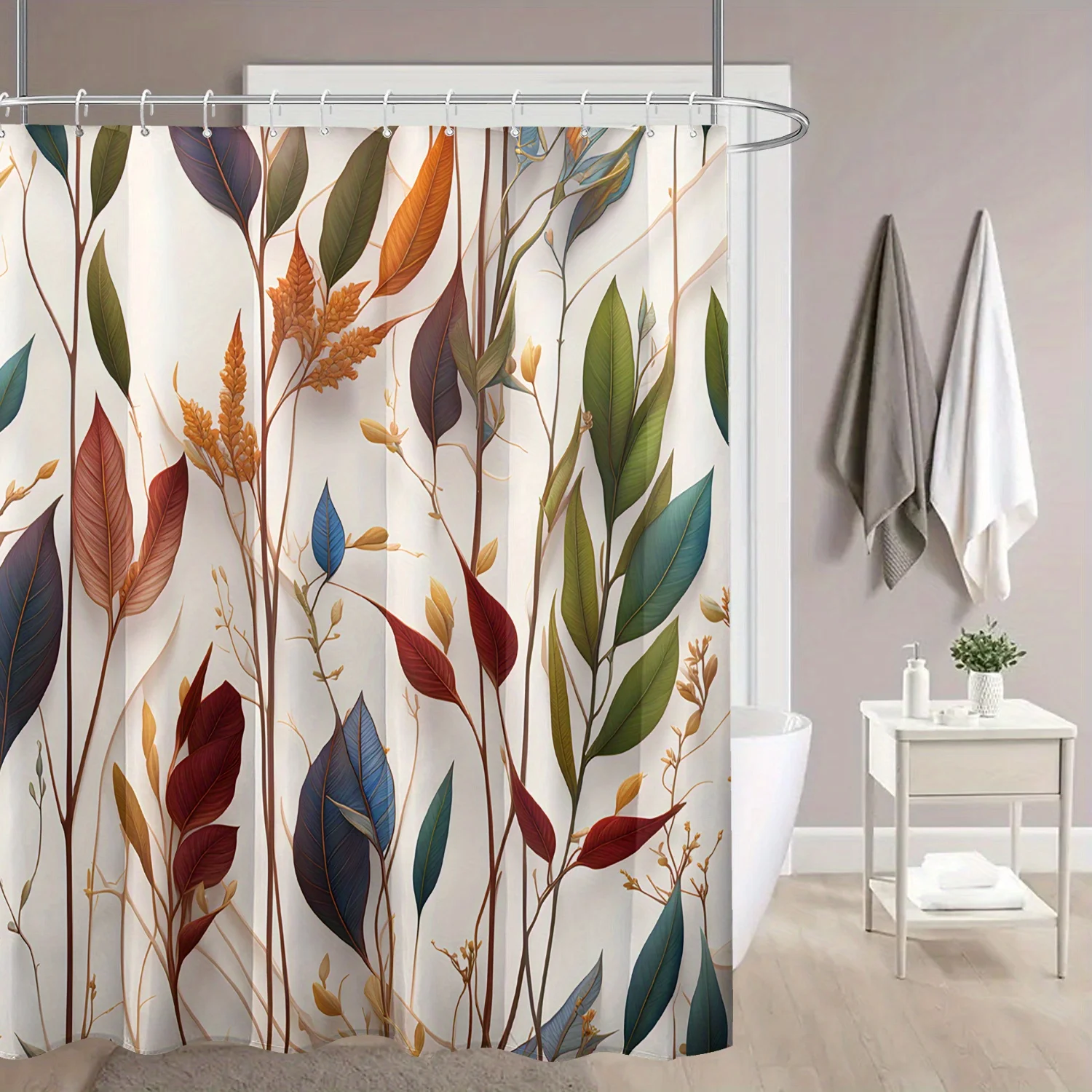 

Abstract Leaves Shower Curtain, Colorful Plant Pattern, Modern Boho Bathroom Decor, Waterproof Polyester Fabric with Hooks