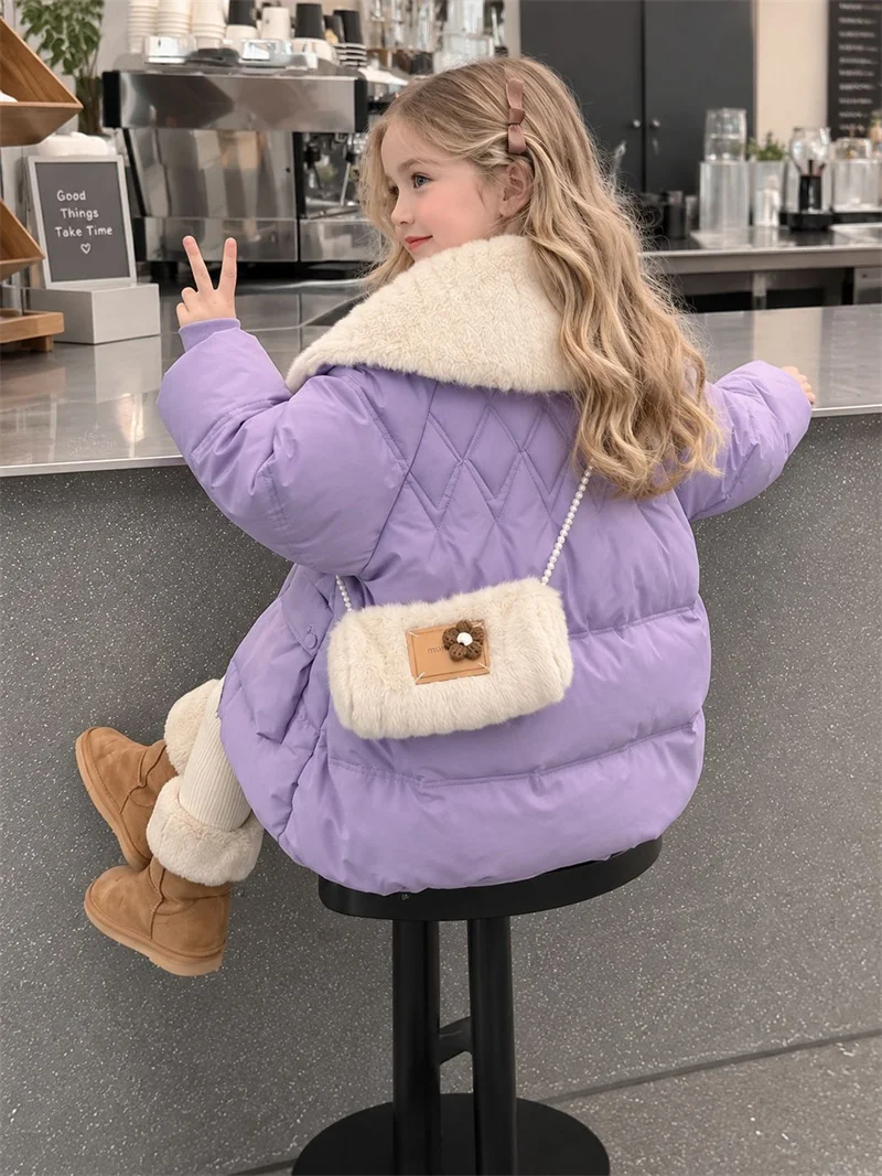 Girls Winter Down Coats Kids Bow Warm Jackets With Turn-up Collars Children Cute Thick Plush Windproof Thermal Outerwear 5-14Y 4