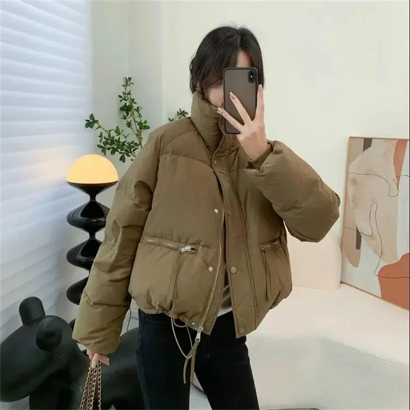 

Winter Female Short Cotton Padded Coat Korean Women Fashion Stand Collar Down Cotton Top 2025 Ladies Long Sleeves Puffer Jacket
